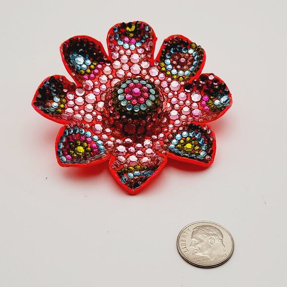 Vintage 1960s Hot Pink Enamel Flower Flat Back Rhinestones Large Brooch - Picture 8 of 8